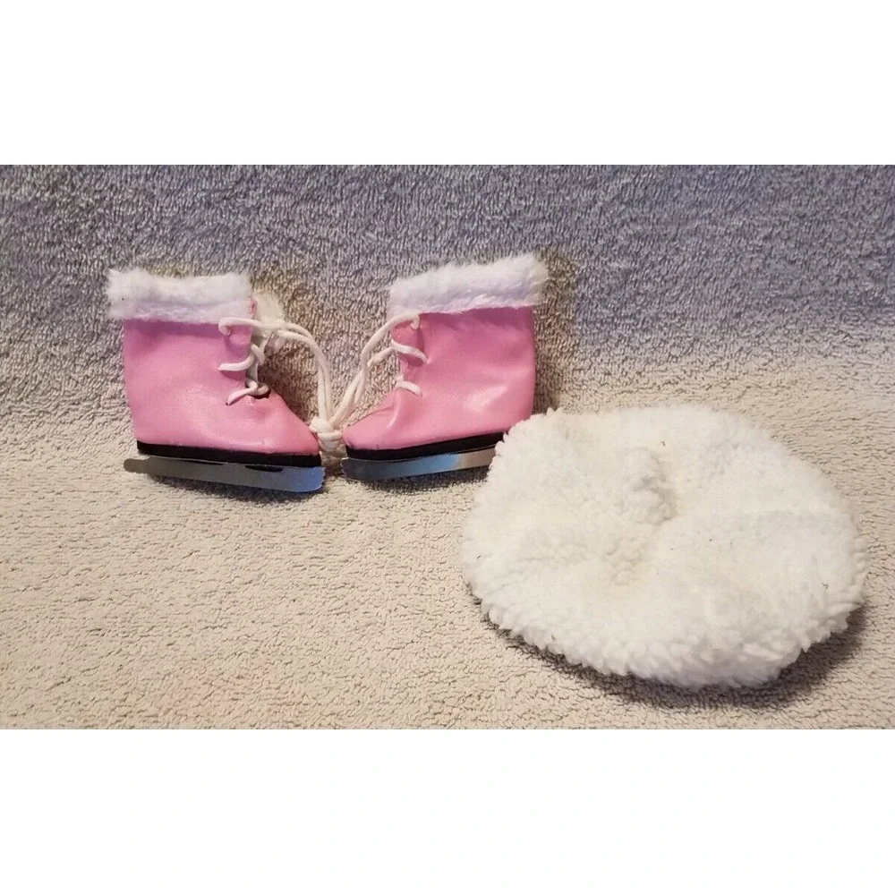 Pink Fur Trimmed Ice Skates Fits 18 inch American‎ Girl Dolls & white Beret Hat